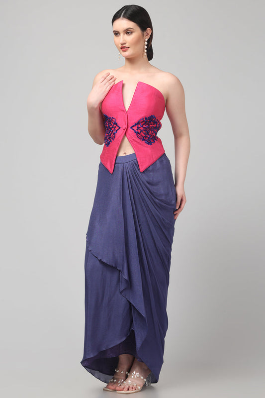 Pink Embroidered Asymmetric Top with Draped Royal Purple Skirt