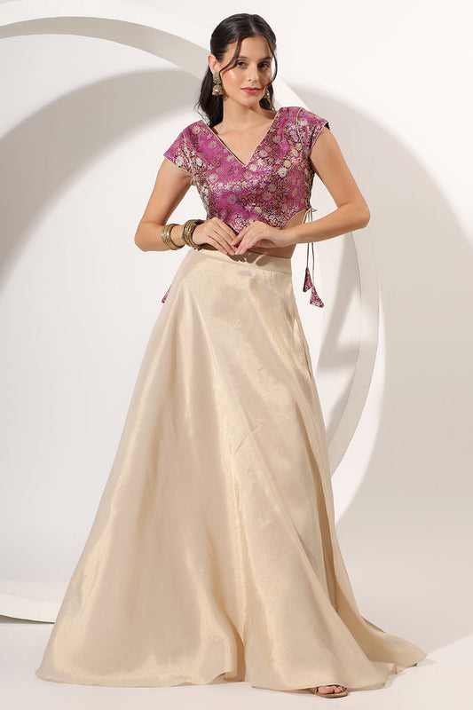 Gold Skirt Set with Brocade Crop Top