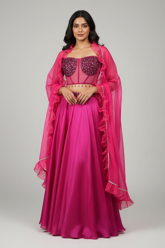 Fuscia Pink Lehenga with Corset Blouse & Dupatta
