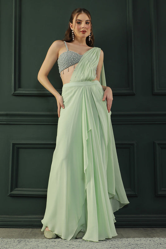 Mint Pearl Pre-drape Saree