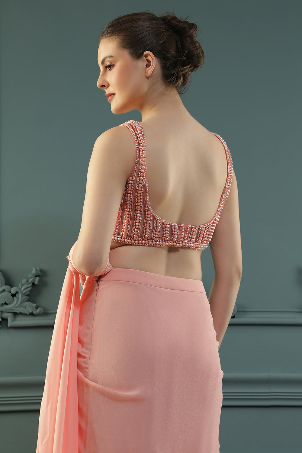 Peach Pearl Pre-Drape Saree