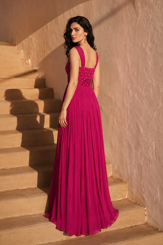 Pearl Embellished Magenta Pink Pleated Gown