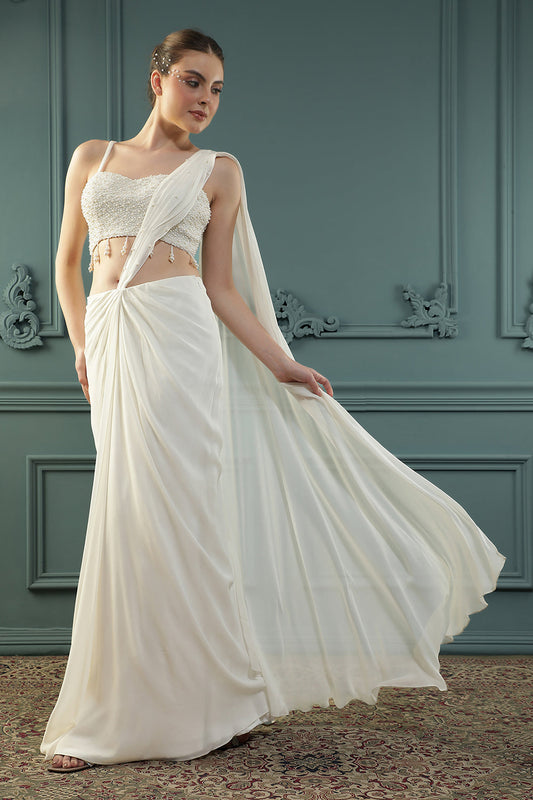 Pearl White Pre-Drape Saree