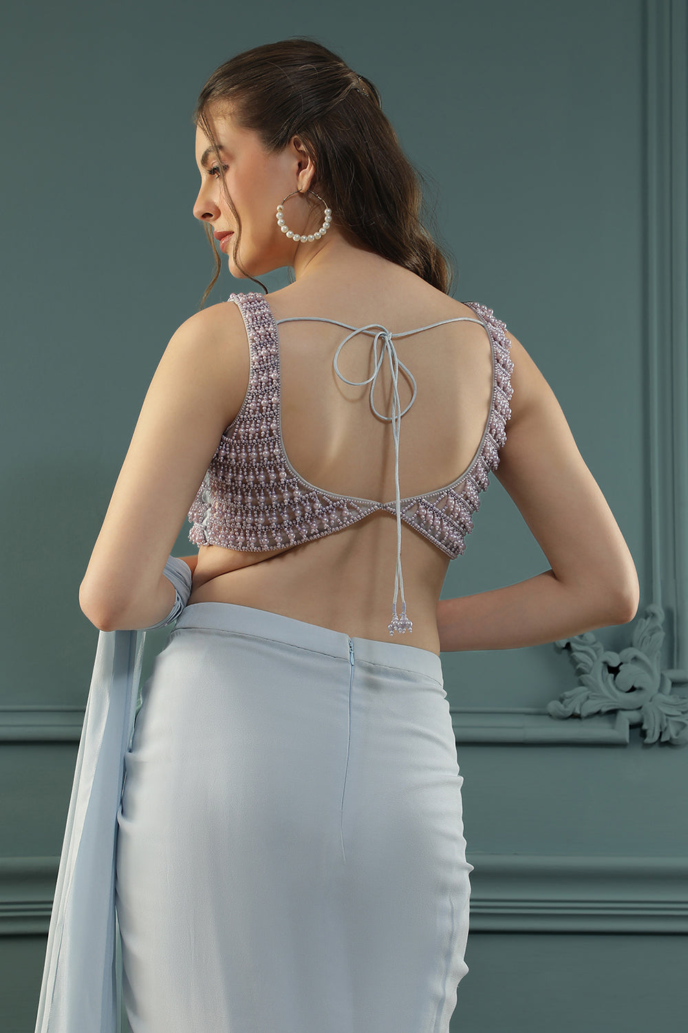 Powder Blue Pearl Pre-Drape Saree