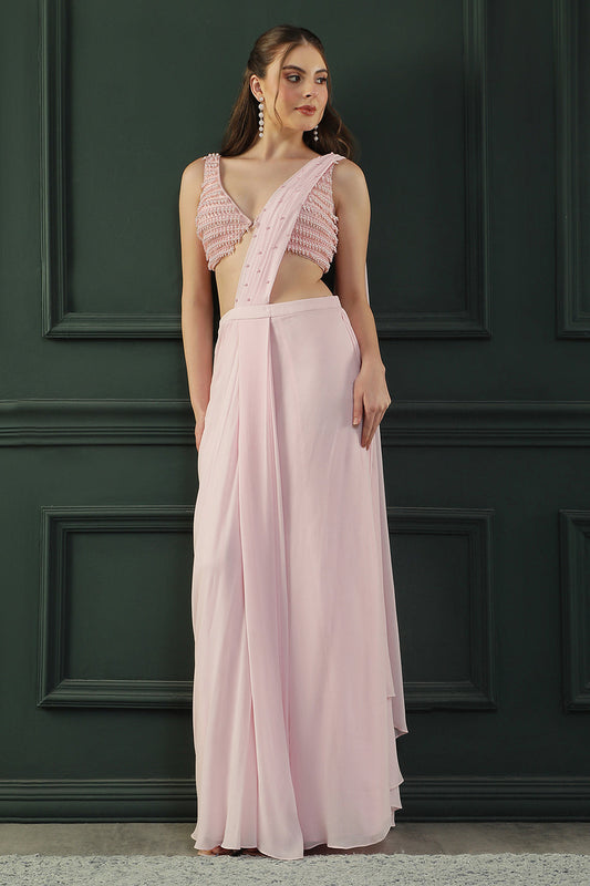 Powder Pink Pearl Pre-drape Saree