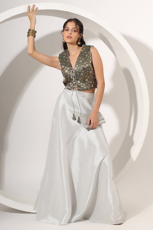 SIlver Skirt Set with Green Brocade Crop Top