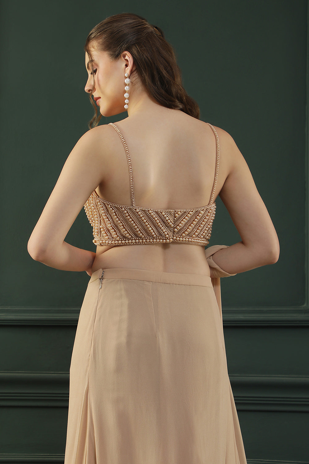 Tan Brown Pearl Pre-Drape Saree