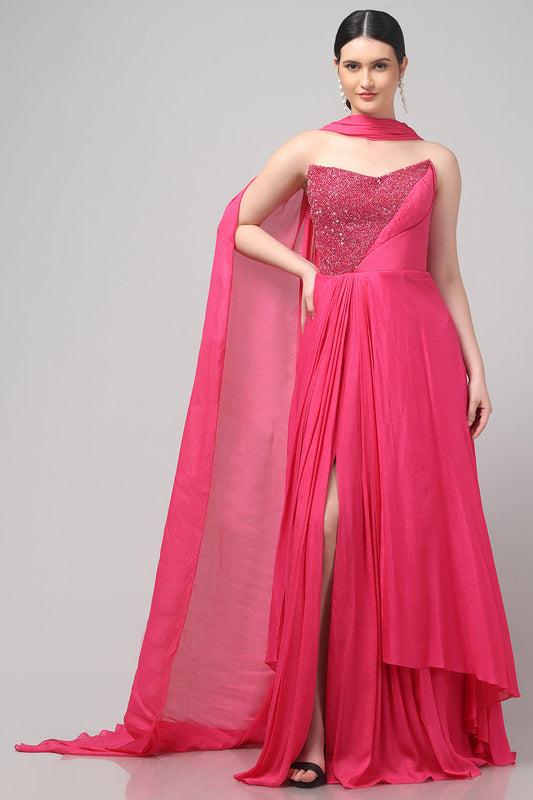 Fuchsia Embellished Strapless Saree Gown with Drape Detail