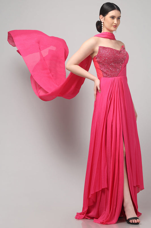 Fuchsia Embellished Strapless Saree Gown with Drape Detail