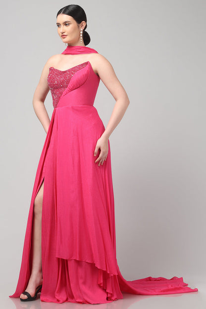 Fuchsia Embellished Strapless Saree Gown with Drape Detail