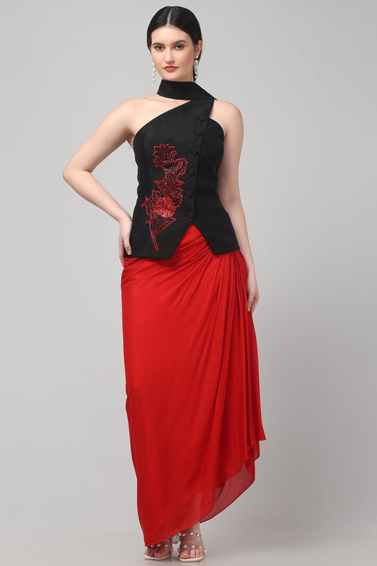 Black Embroidered Asymmetric Top with Draped Red Skirt