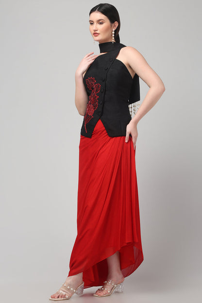Black Embroidered Asymmetric Top with Draped Red Skirt