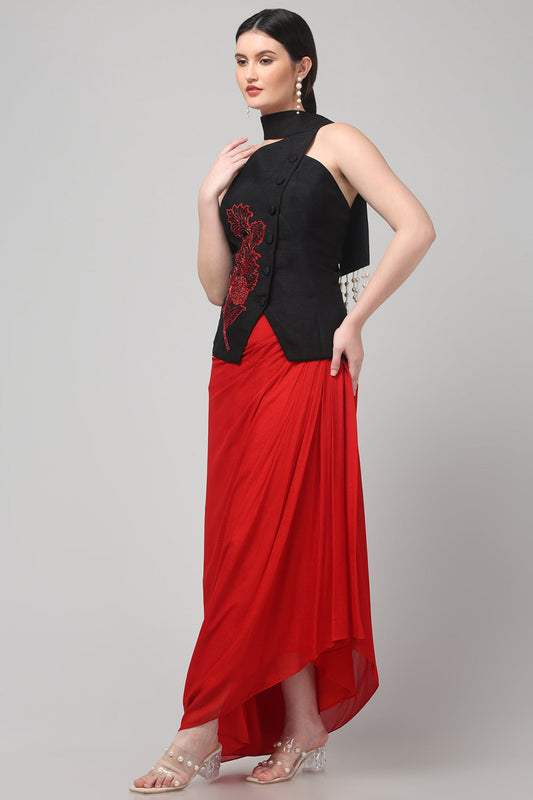 Black Embroidered Asymmetric Top with Draped Red Skirt