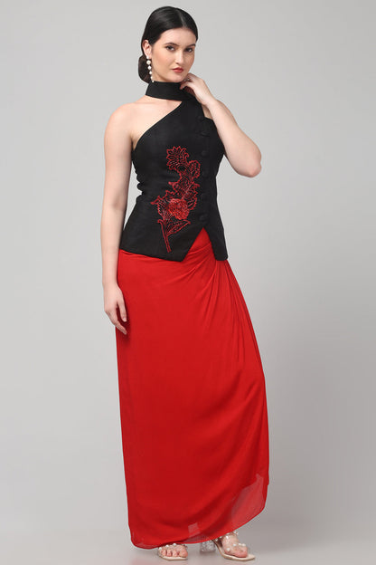 Black Embroidered Asymmetric Top with Draped Red Skirt