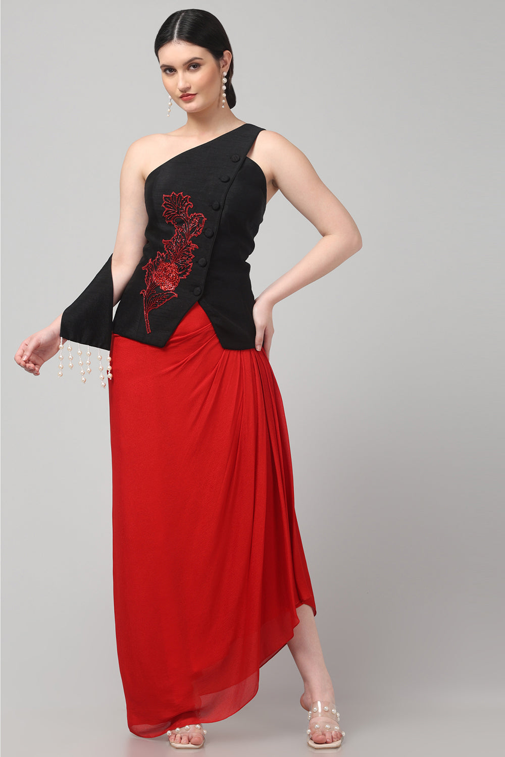 Black Embroidered Asymmetric Top with Draped Red Skirt