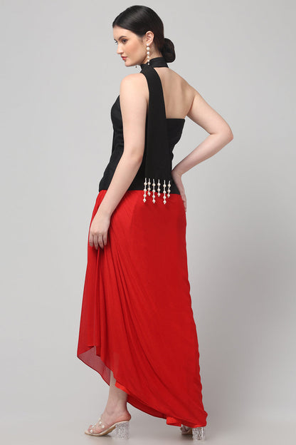 Black Embroidered Asymmetric Top with Draped Red Skirt