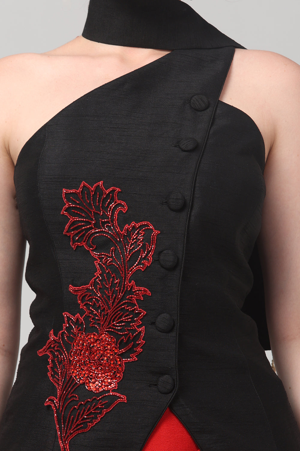 Black Embroidered Asymmetric Top with Draped Red Skirt