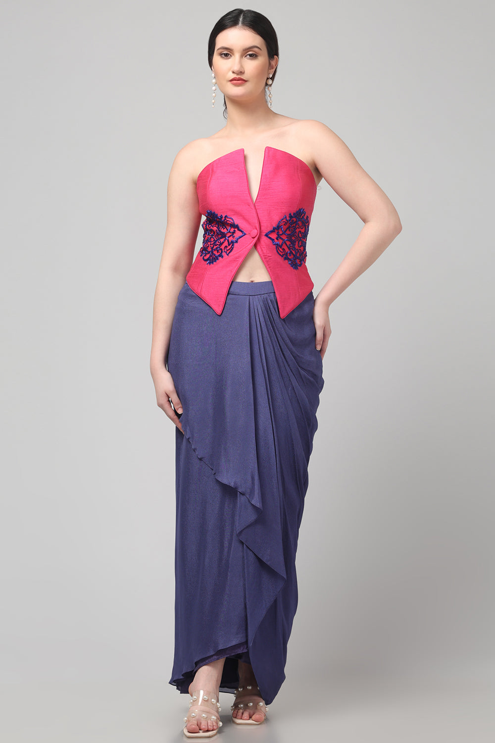 Pink Embroidered Asymmetric Top with Draped Royal Purple Skirt