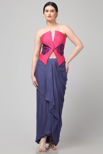 Pink Embroidered Asymmetric Top with Draped Royal Purple Skirt