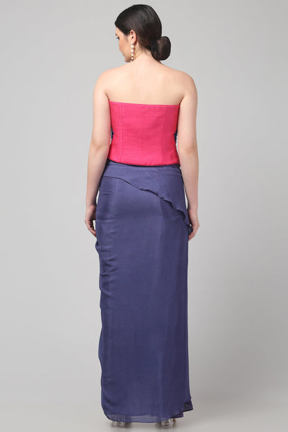 Pink Embroidered Asymmetric Top with Draped Royal Purple Skirt