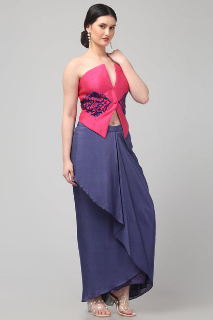 Pink Embroidered Asymmetric Top with Draped Royal Purple Skirt