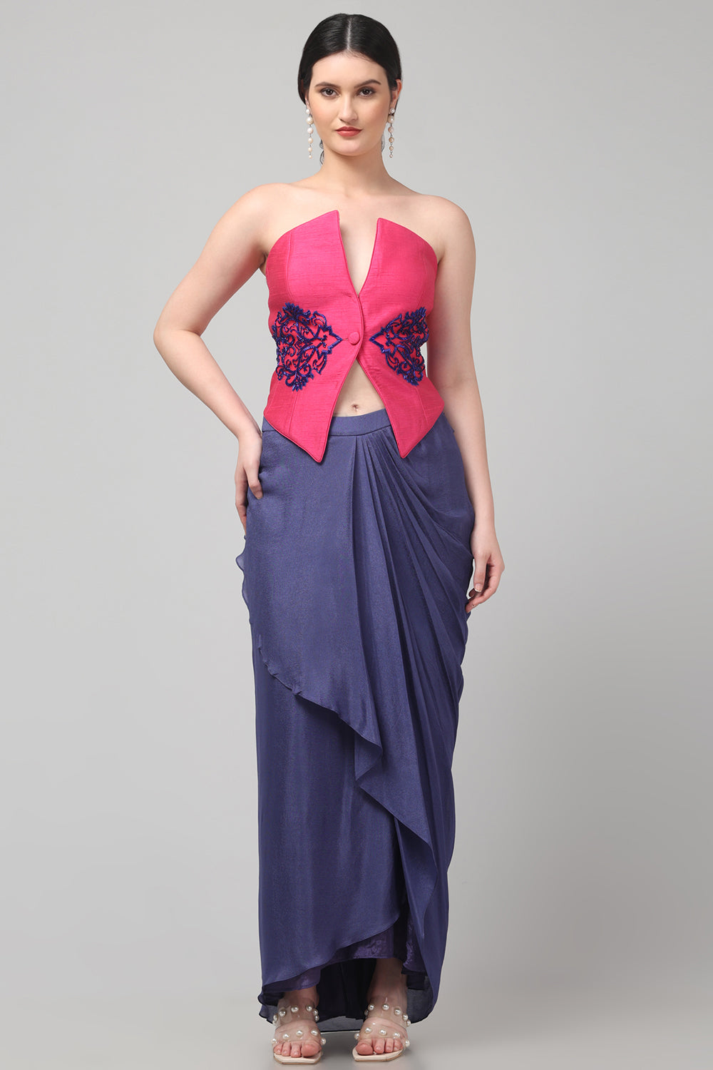 Pink Embroidered Asymmetric Top with Draped Royal Purple Skirt