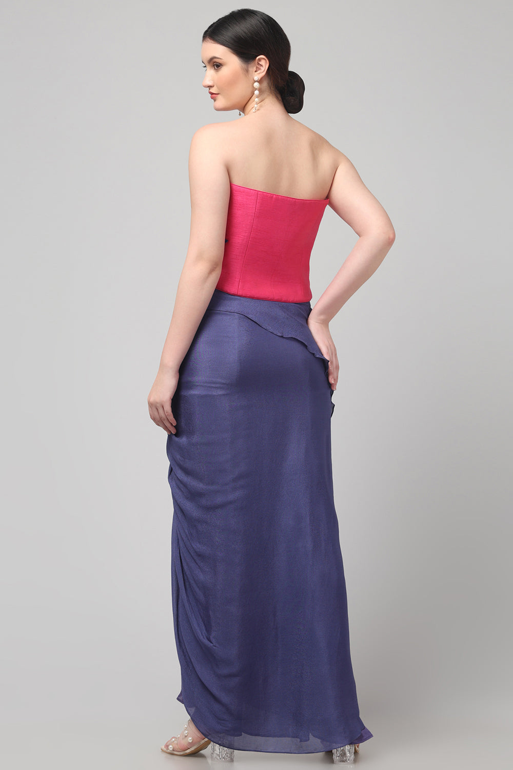 Pink Embroidered Asymmetric Top with Draped Royal Purple Skirt