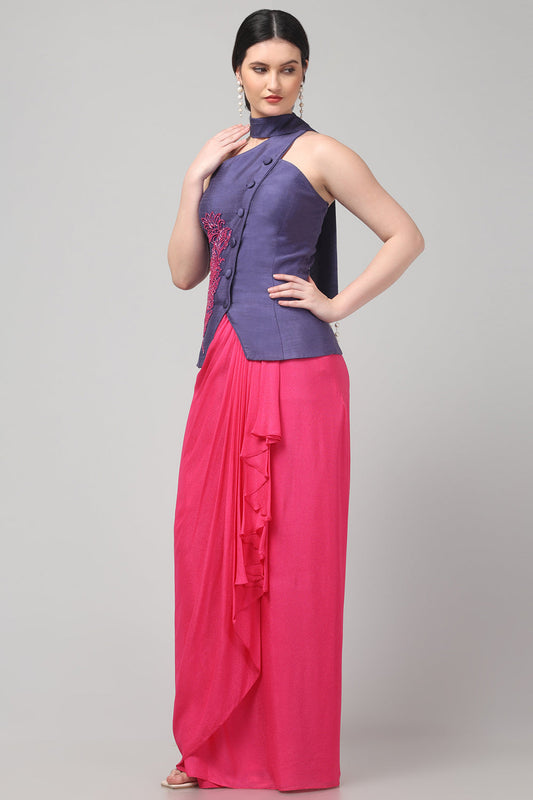 Royal Purple Embroidered Asymmetric Top with Draped Fuscia Pink Skirt