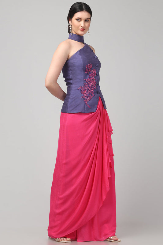 Royal Purple Embroidered Asymmetric Top with Draped Fuscia Pink Skirt