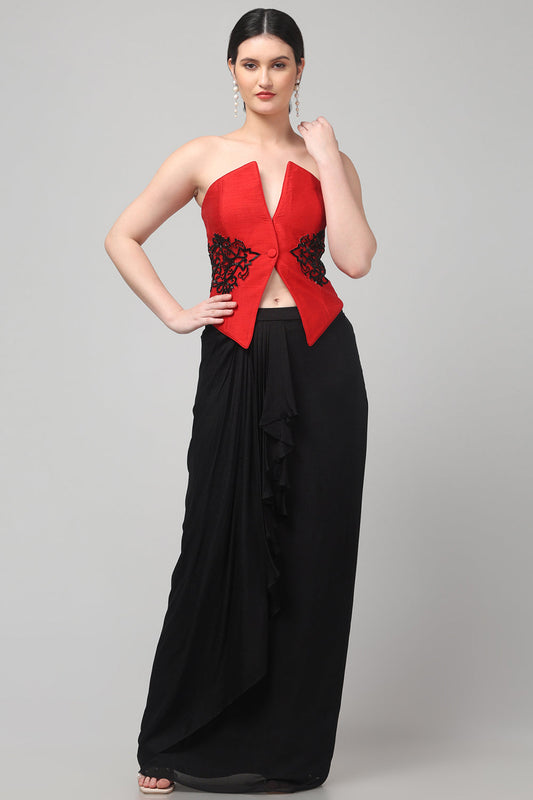 Red Embroidered  Top with Draped Black Skirt