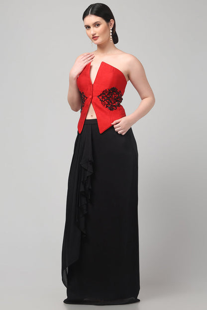 Red Embroidered  Top with Draped Black Skirt
