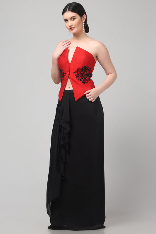 Red Embroidered  Top with Draped Black Skirt