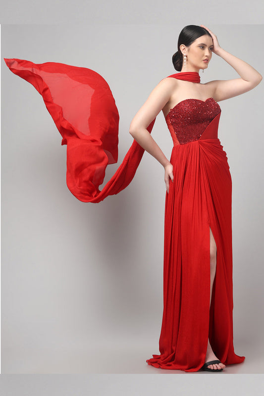 Red Embellished Strapless Saree Gown with Drape Detail