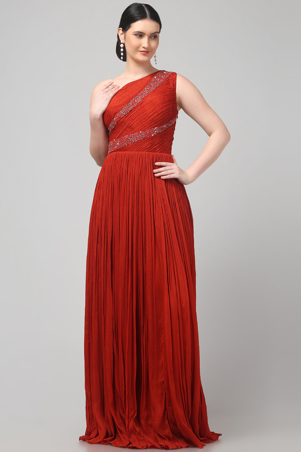 Rust Orange One-Shoulder Gown