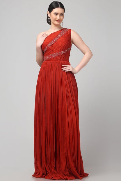 Rust Orange One-Shoulder Gown