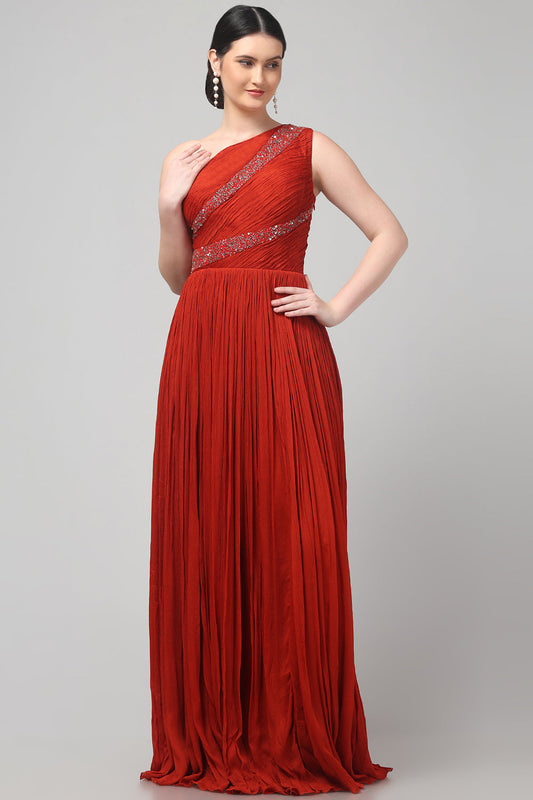 Rust Orange One-Shoulder Gown