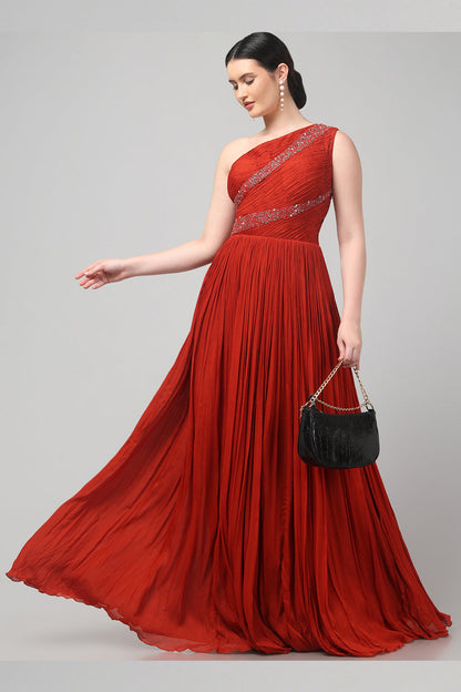Rust Orange One-Shoulder Gown