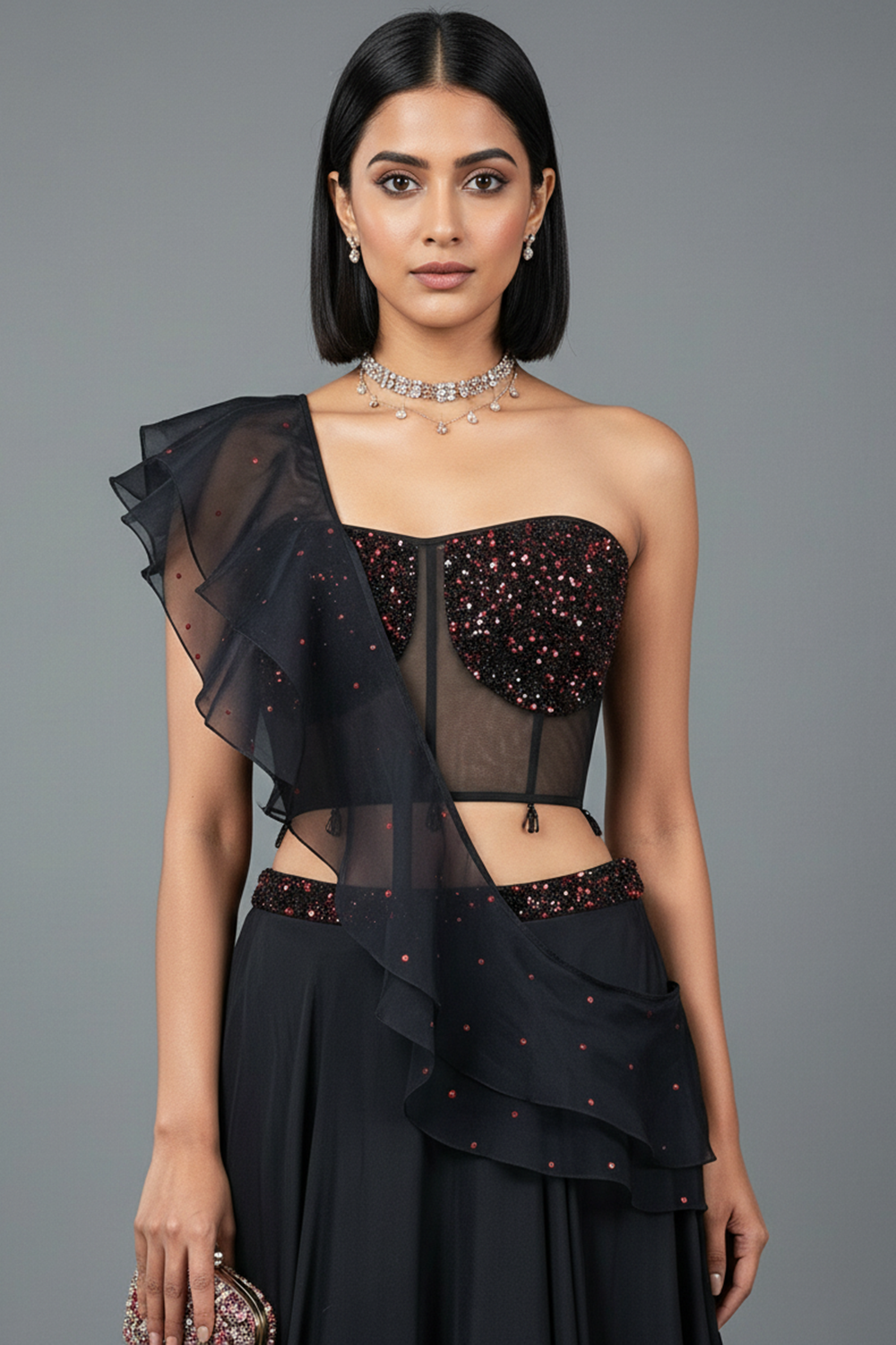 Black Lehenga with Corset Blouse & Dupatta