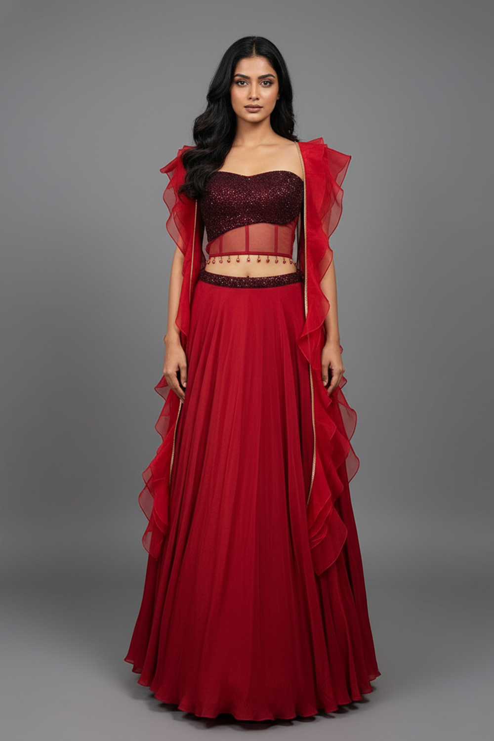 Crimson Red Lehenga with Corset Blouse & Dupatta