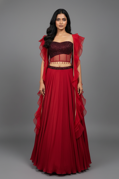 Crimson Red Lehenga with Corset Blouse & Dupatta
