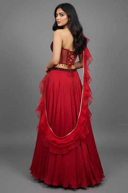 Crimson Red Lehenga with Corset Blouse & Dupatta