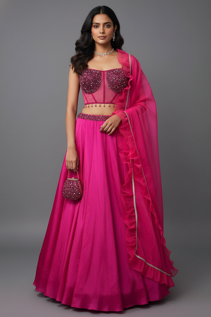 Fuscia Pink Lehenga with Corset Blouse & Dupatta