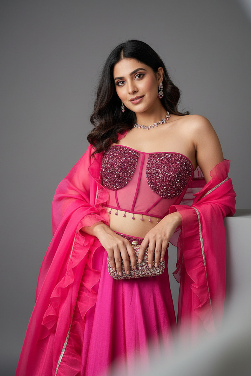 Fuscia Pink Lehenga with Corset Blouse & Dupatta