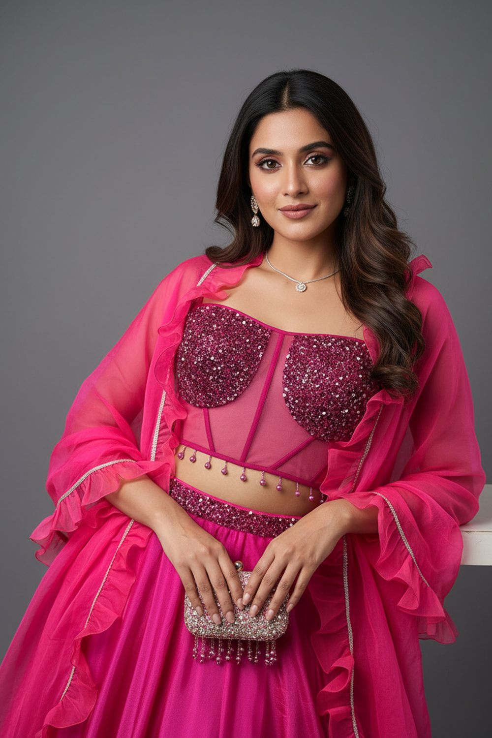 Fuscia Pink Lehenga with Corset Blouse & Dupatta