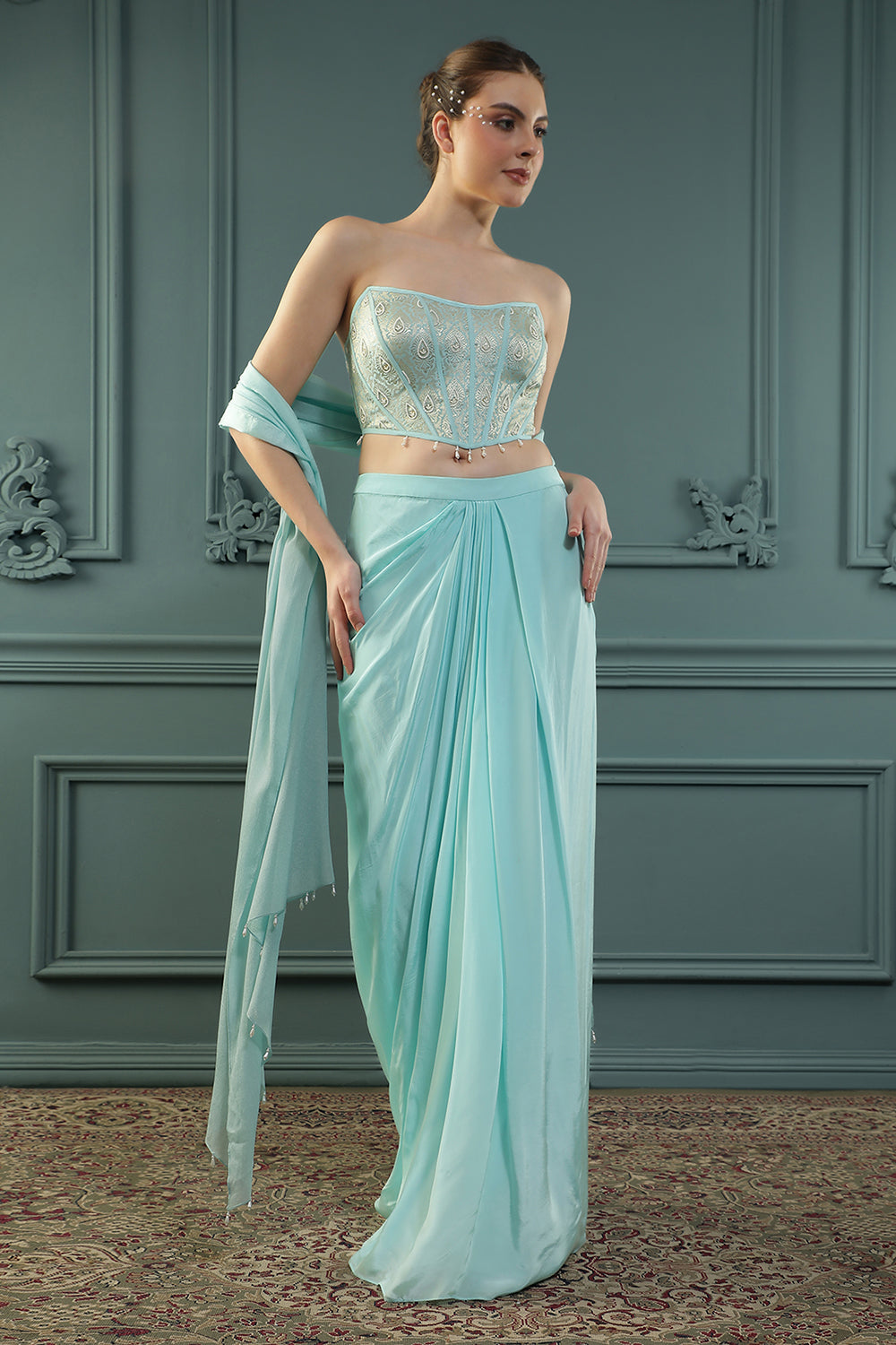 Ice-Blue Drape Skirt Set