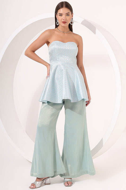 Ice Blue Strapless Brocade Peplum Set