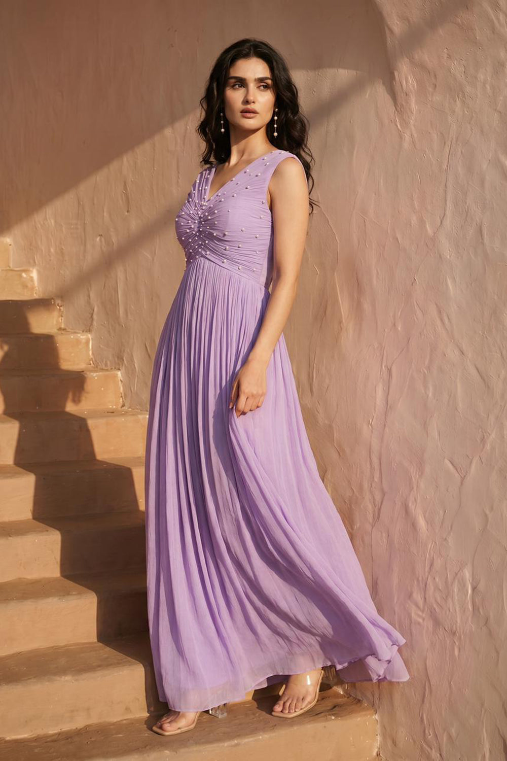 Lilac Pearl Embellished Pleated Evening Gown