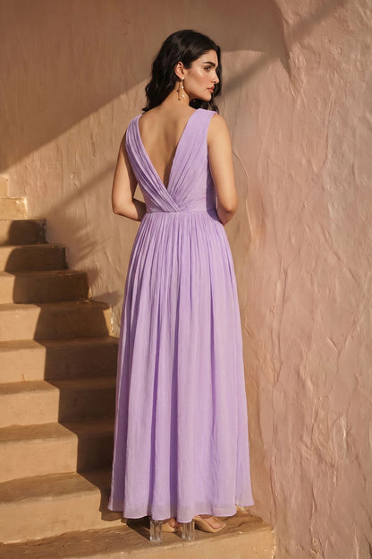 Lilac Pearl Embellished Pleated Evening Gown