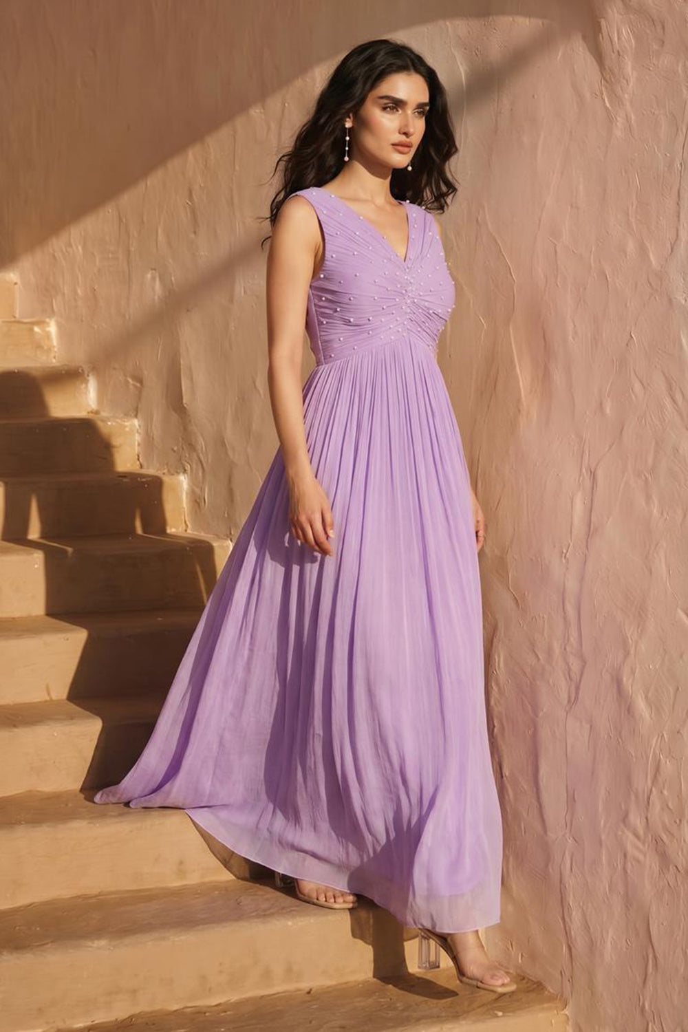 Lilac Pearl Embellished Pleated Evening Gown