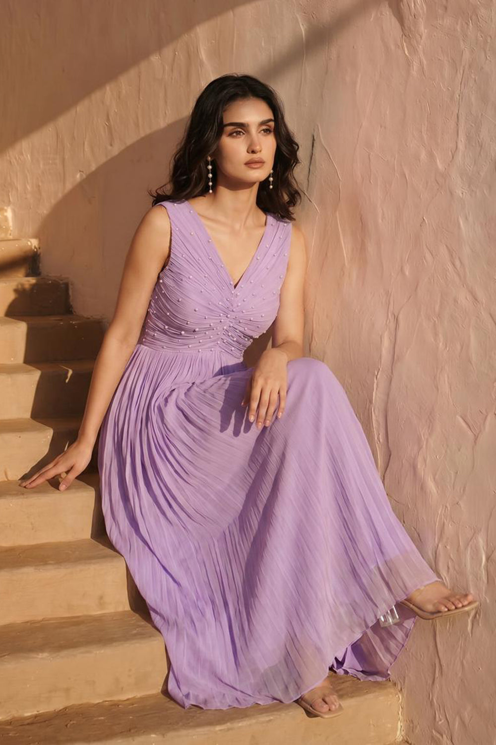 Lilac Pearl Embellished Pleated Evening Gown